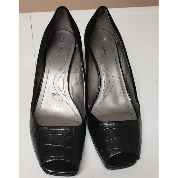 Tahari Women's Open Toe Black Suede Leather Croc Print Accent Heel Sz 10 PO Good - Picture 9 of 14